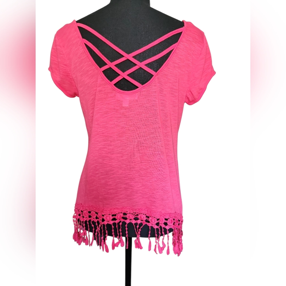 Hot Pink Fringe Hem Women's Top - Picture 2 of 3